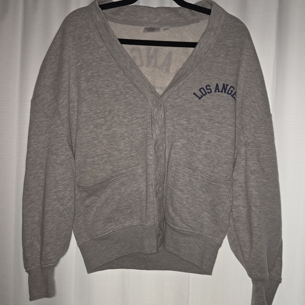 Gray Button-Up Cardigan with Los Angeles Print